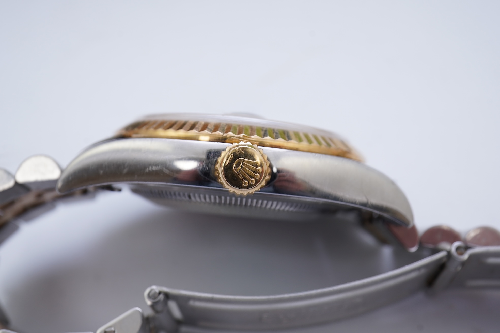 A gentleman's 1990's stainless steel and gold Rolex Oyster Perpetual Datejust wrist watch, on a stainless steel and gold Rolex bracelet